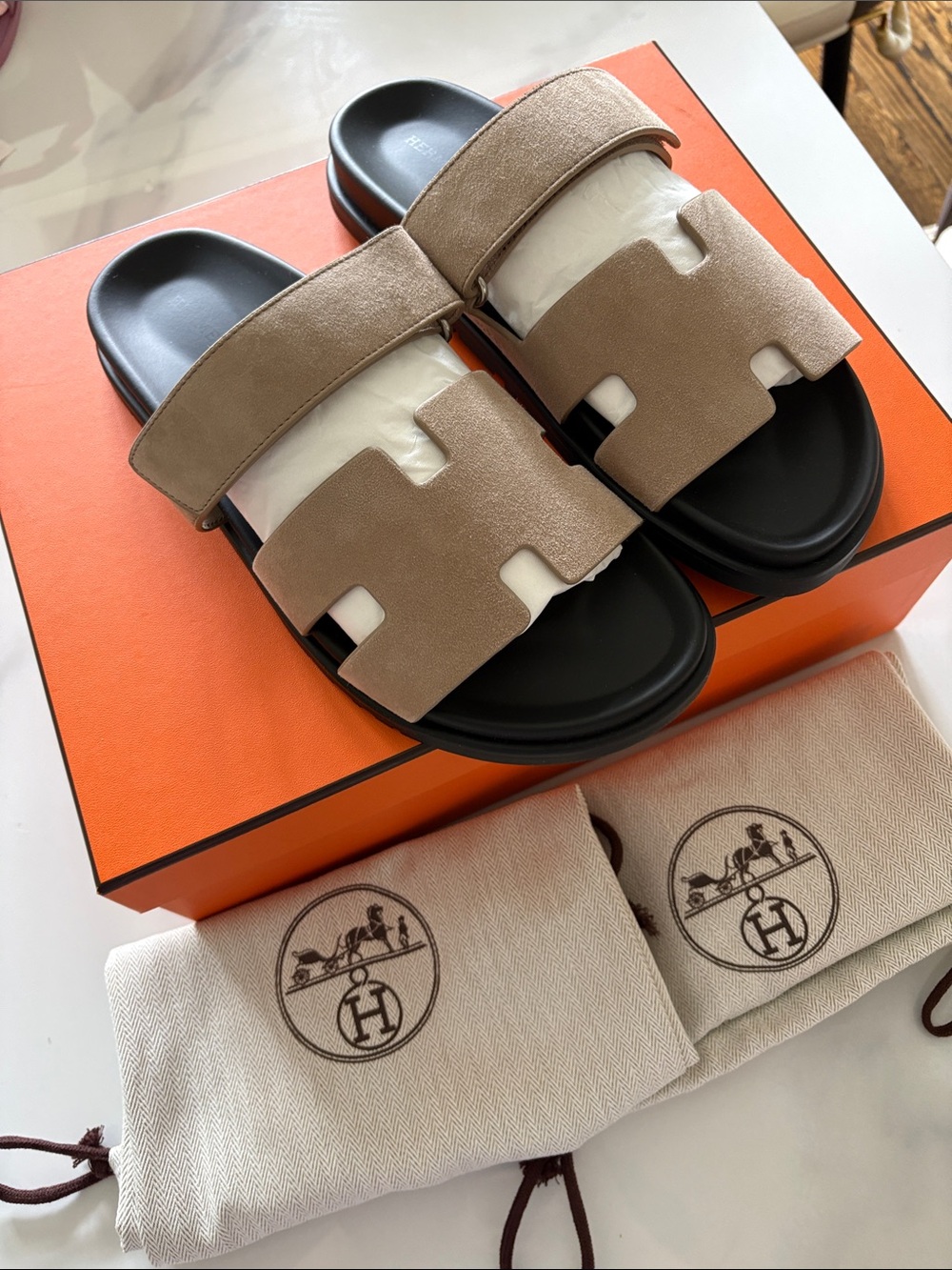 Hermes Men's Taupe Suede Oran Style Slide Sandals on Black Footbed - Picture 3 of 6